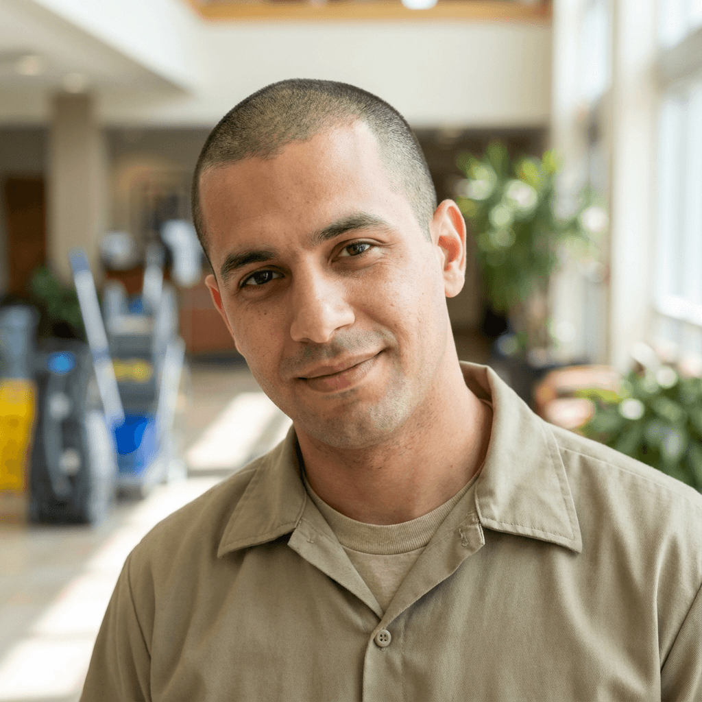 Male nurse in his mid 30s, Black, calm and friendly appearance