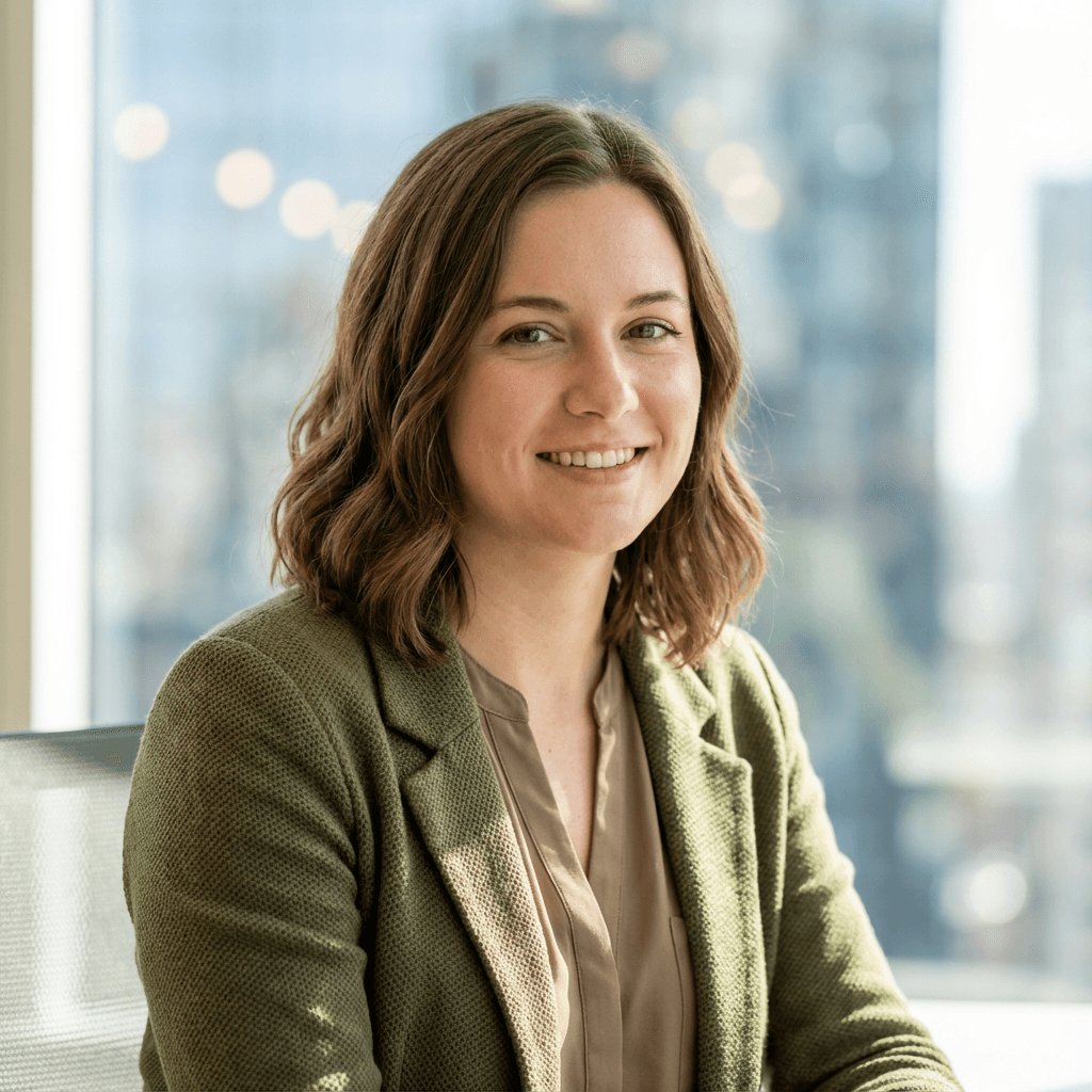 Professional woman in business attire in a warm office