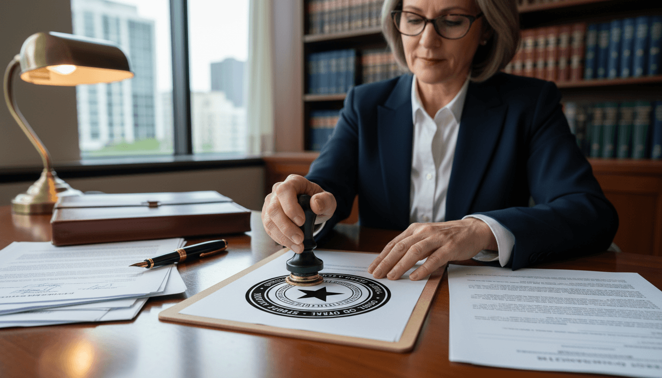 Notary stamping an official document