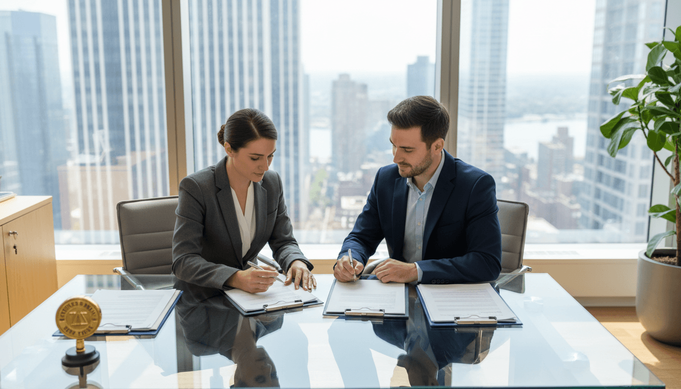 Notary and client signing paperwork at a desk