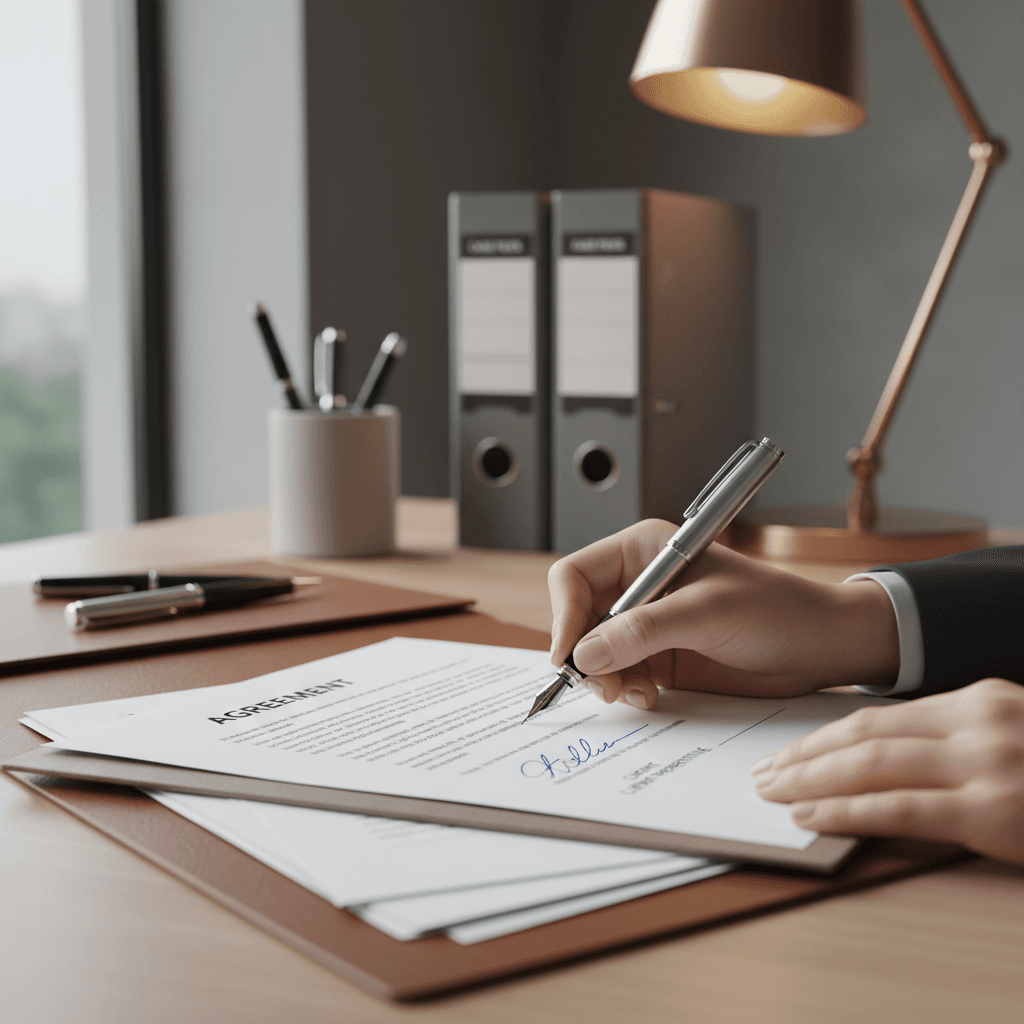 Hands signing a legal document on a desk with an ID card nearby